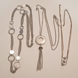 #1154. 3 Piece Assorted, Silver Toned,Chain,Tassel & Multi Layer Necklace Bundle